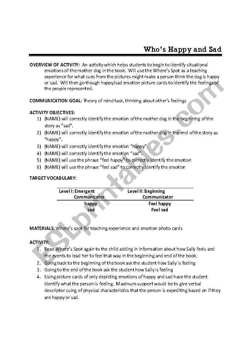 Identifying Emotions worksheet