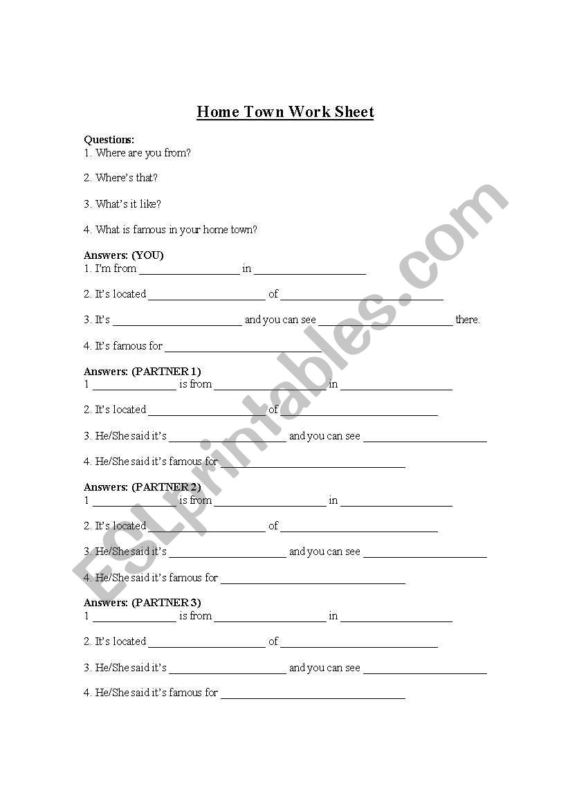Introduce your Hometown worksheet