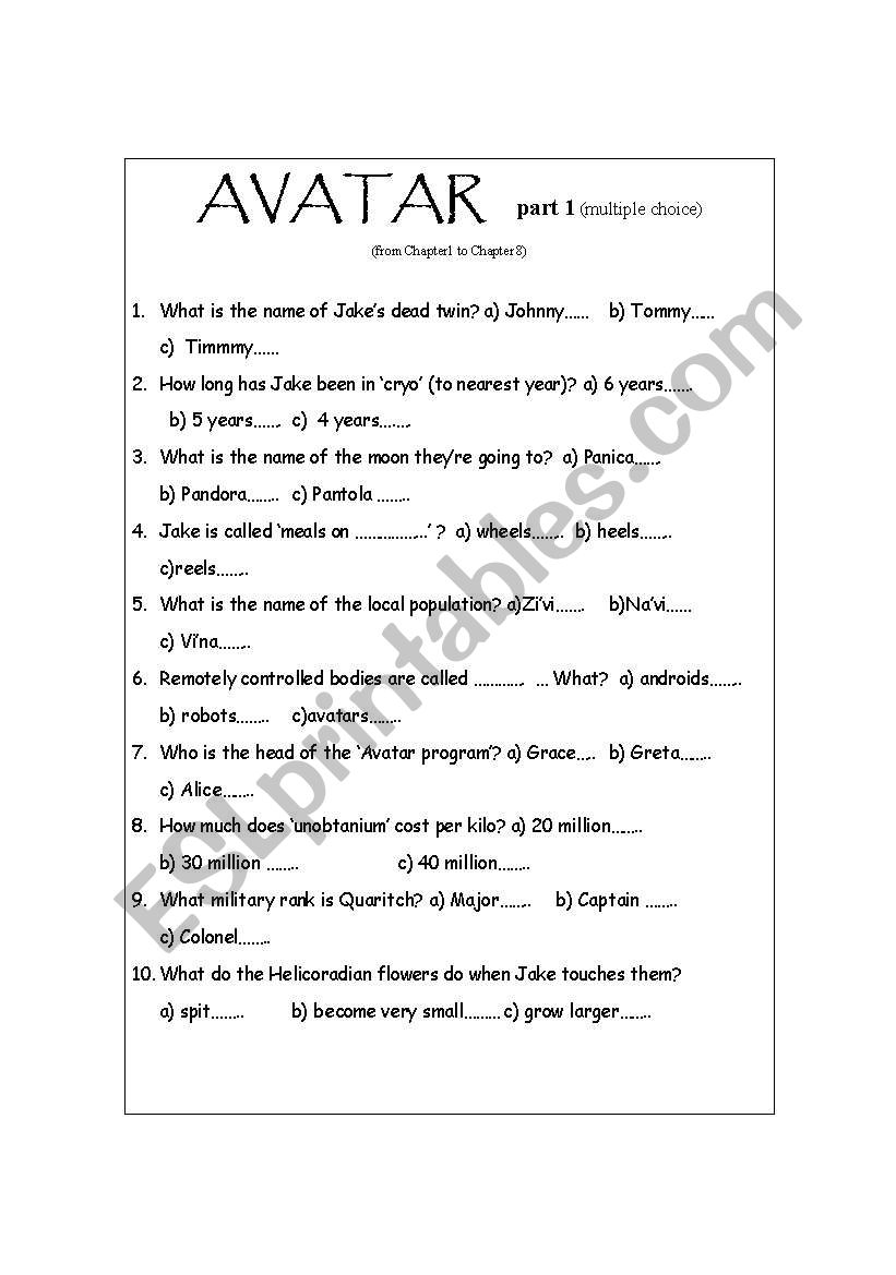 AVATAR (multiple choice -12 pages -fully editable) AVATAR (multiple choice -12 pages -fully editable)