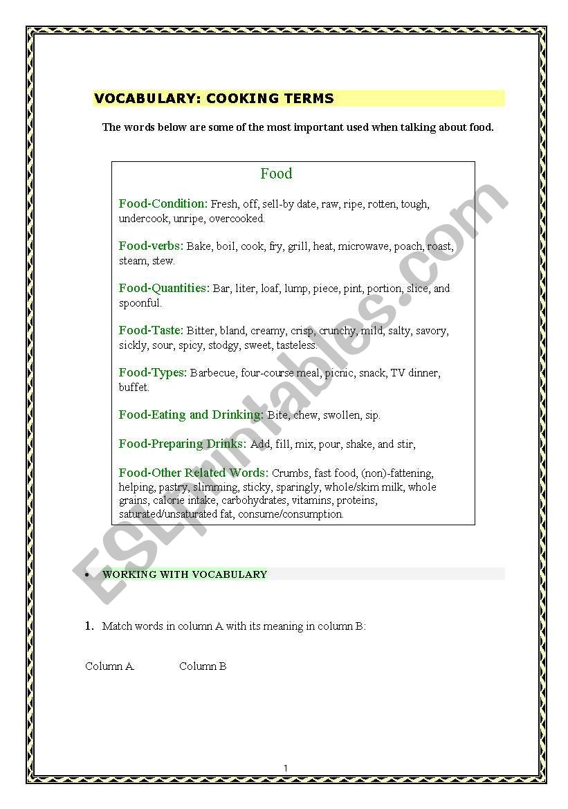 Vocabulary about Cooking terms - ESL worksheet by carmencp22 With Regard To Basic Cooking Terms Worksheet
