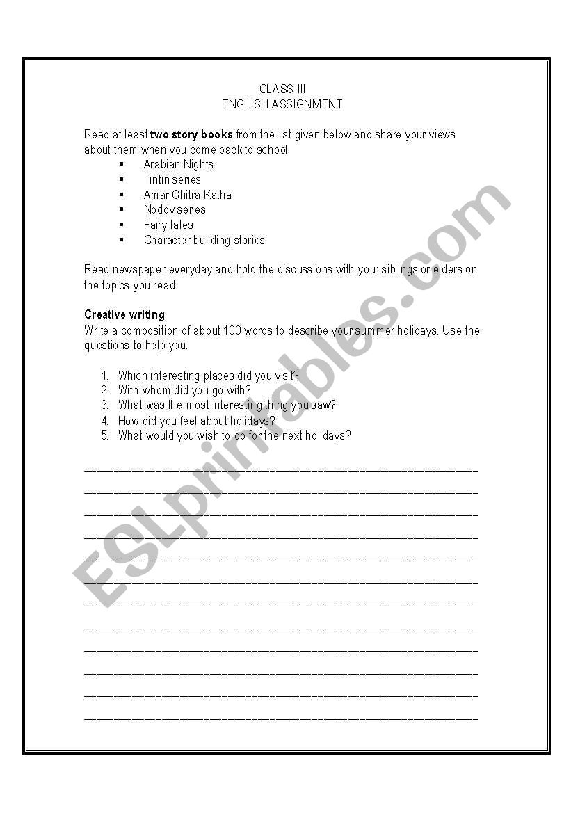 English work sheet for class III 