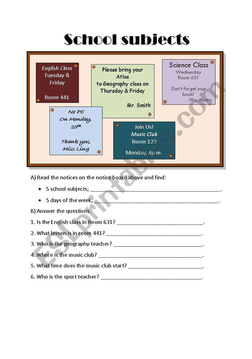 school subjects worksheet