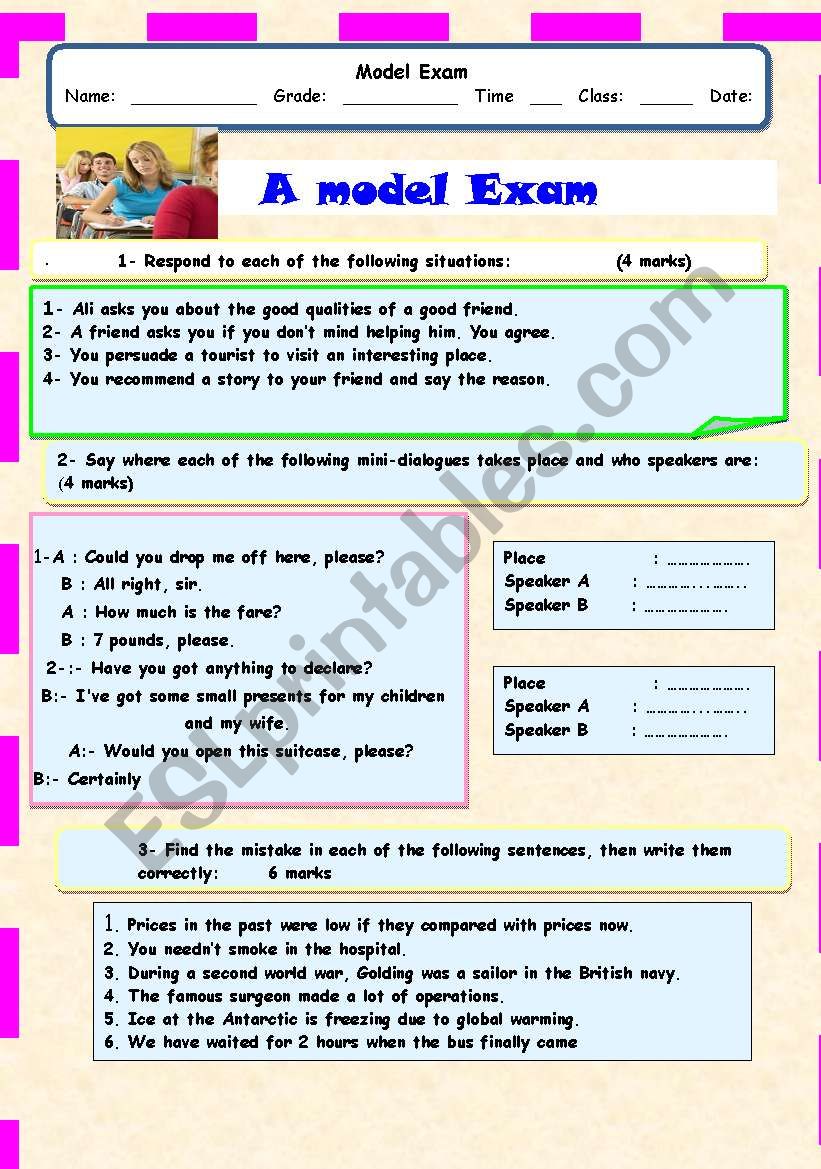  a model exam worksheet