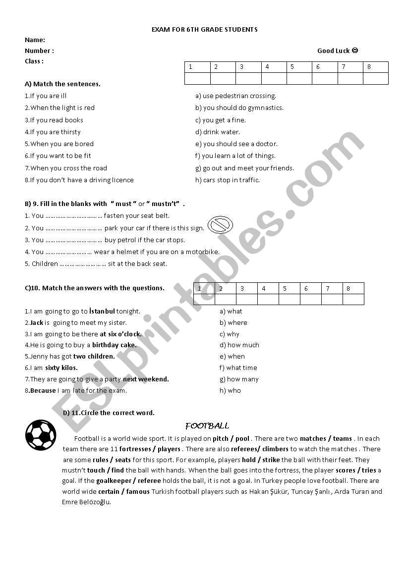 exam for 6th grade students worksheet