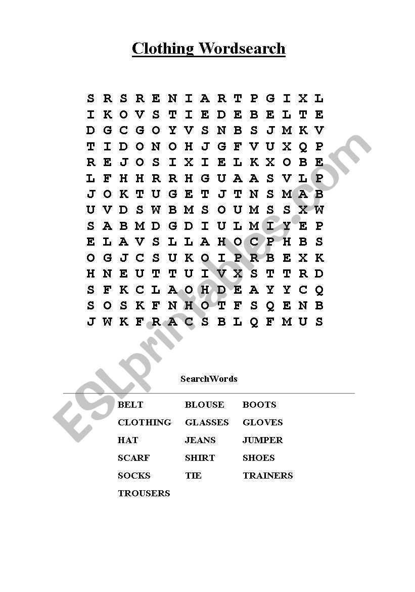 Clothing word search worksheet