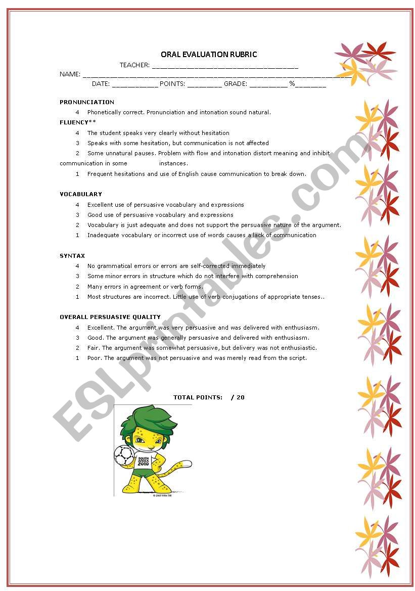 ORAL EVALUATION RUBRIC worksheet