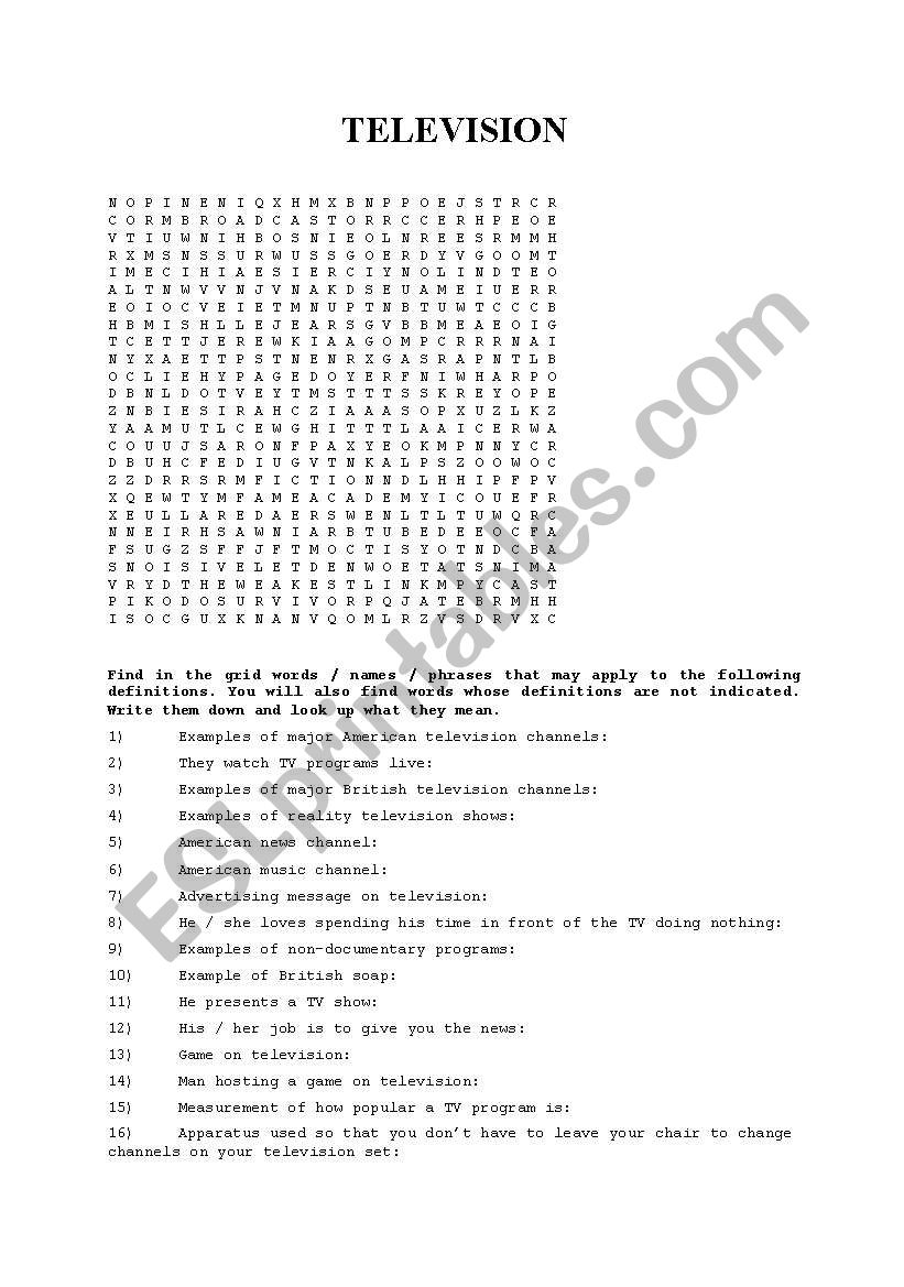 Television Wordsearch Quiz worksheet