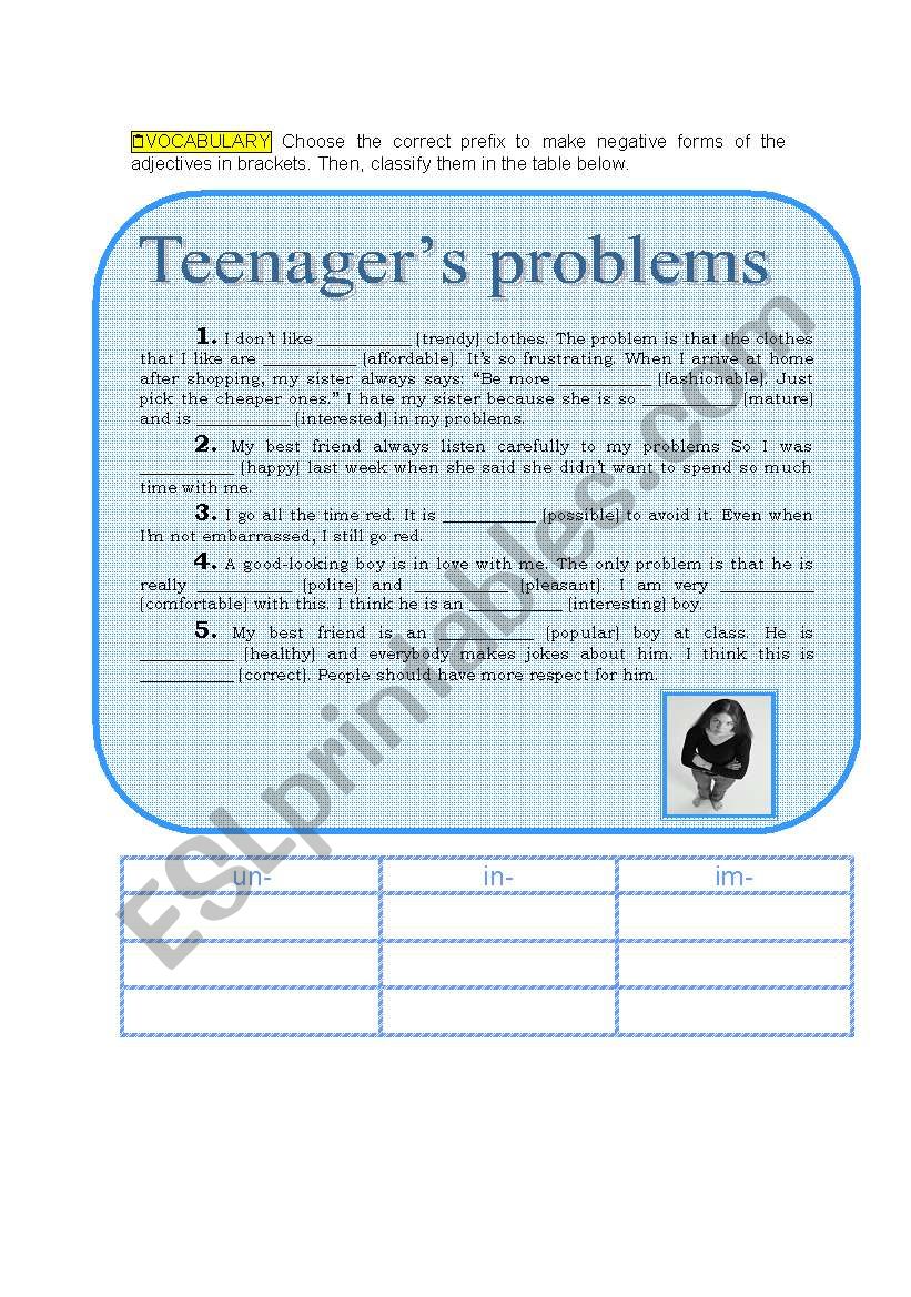 Teenagers problems worksheet