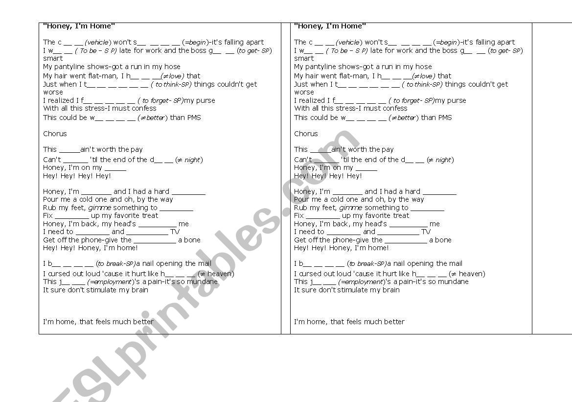 honey im home- shania twain worksheet