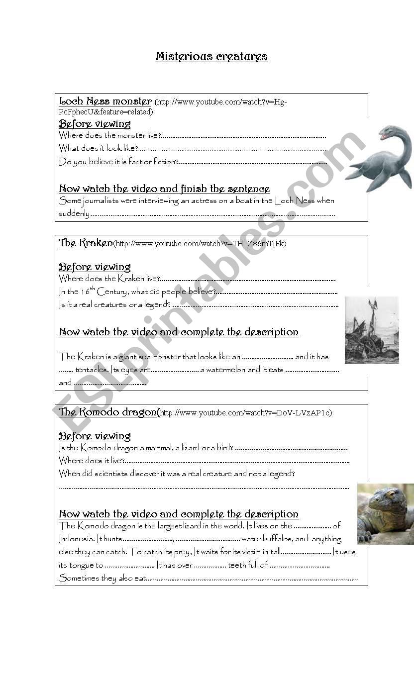 misterious creatures worksheet