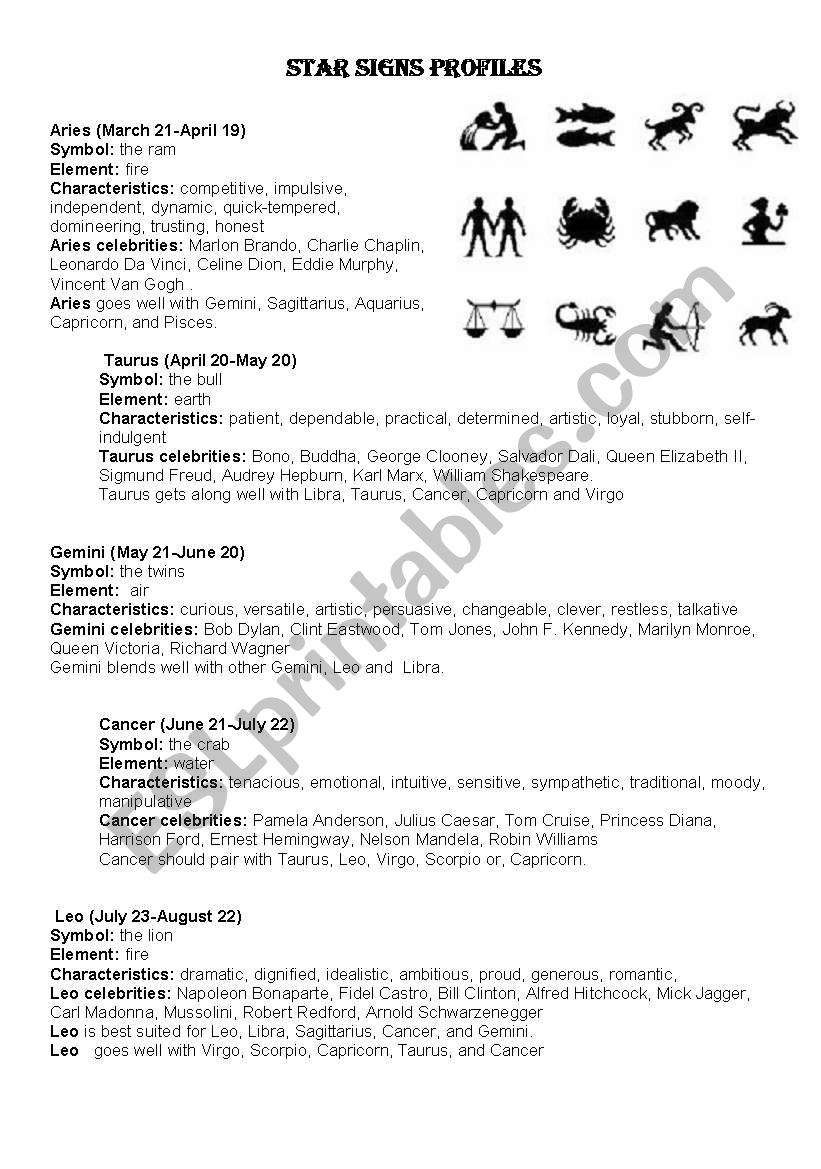 Star Signs Profiles worksheet