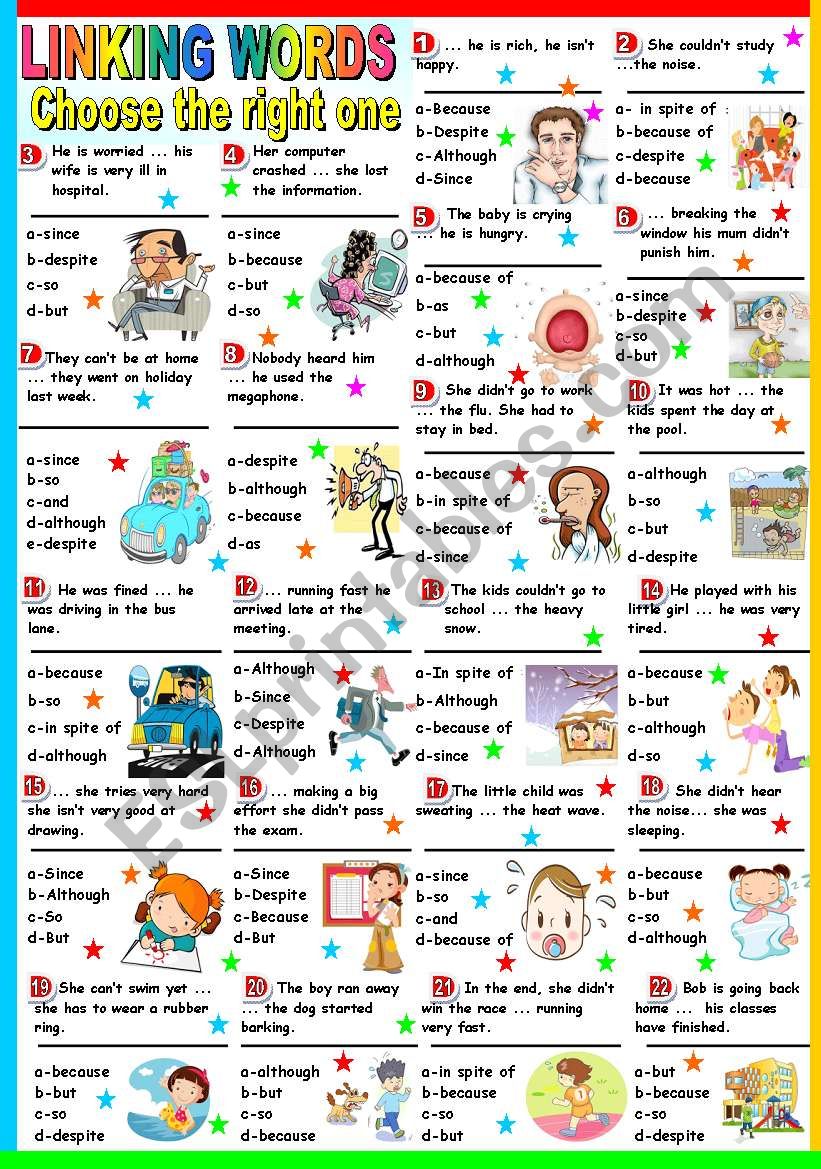 LINKING WORDS-MULTIPLE CHOICE (B&W+KEY INCLUDED)