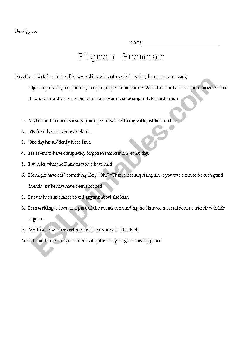 Pigman Grammar worksheet