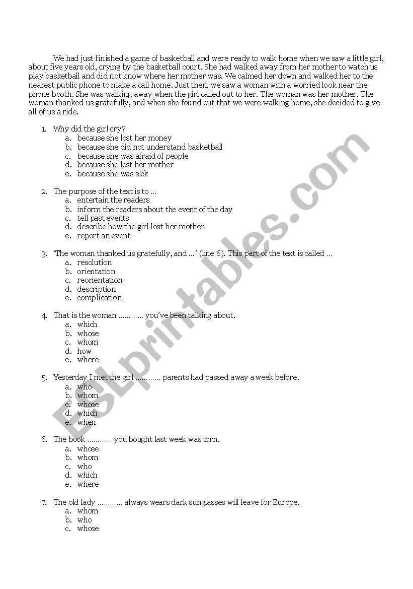 Reading and multiple choice worksheet