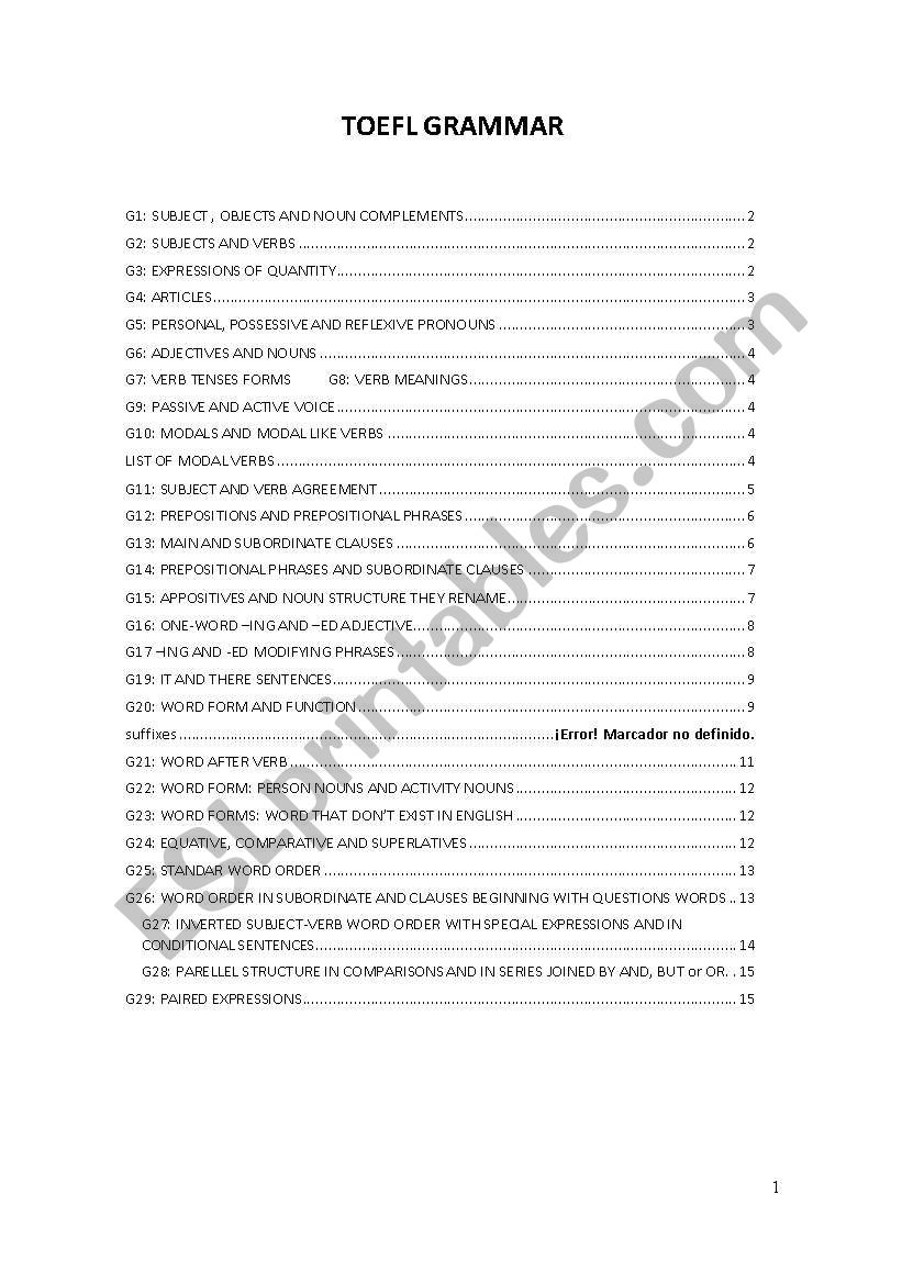 toefl grammar  worksheet