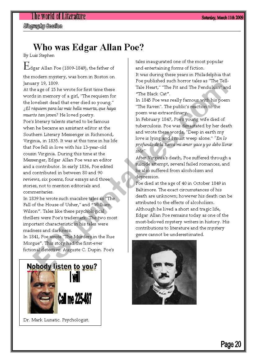 edgar allan poe biography worksheet answers