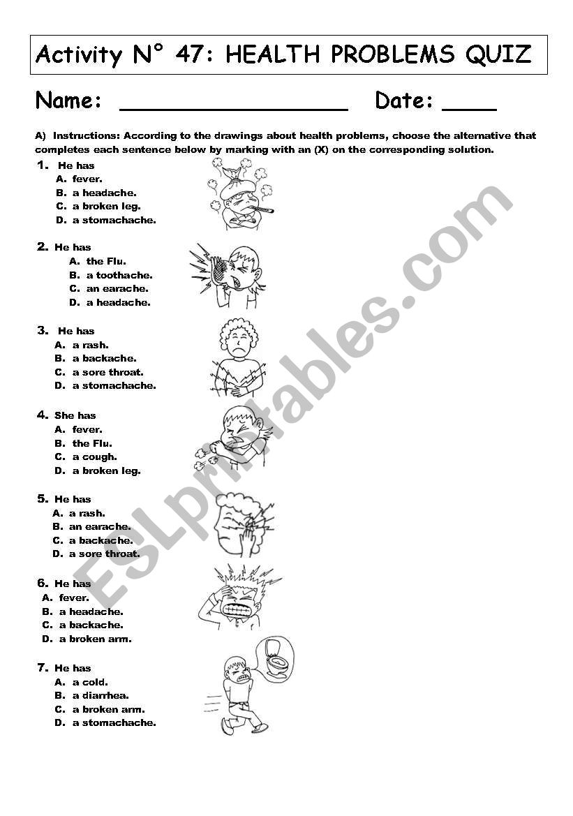 HEALTH  PROBLEMS  QUIZ worksheet