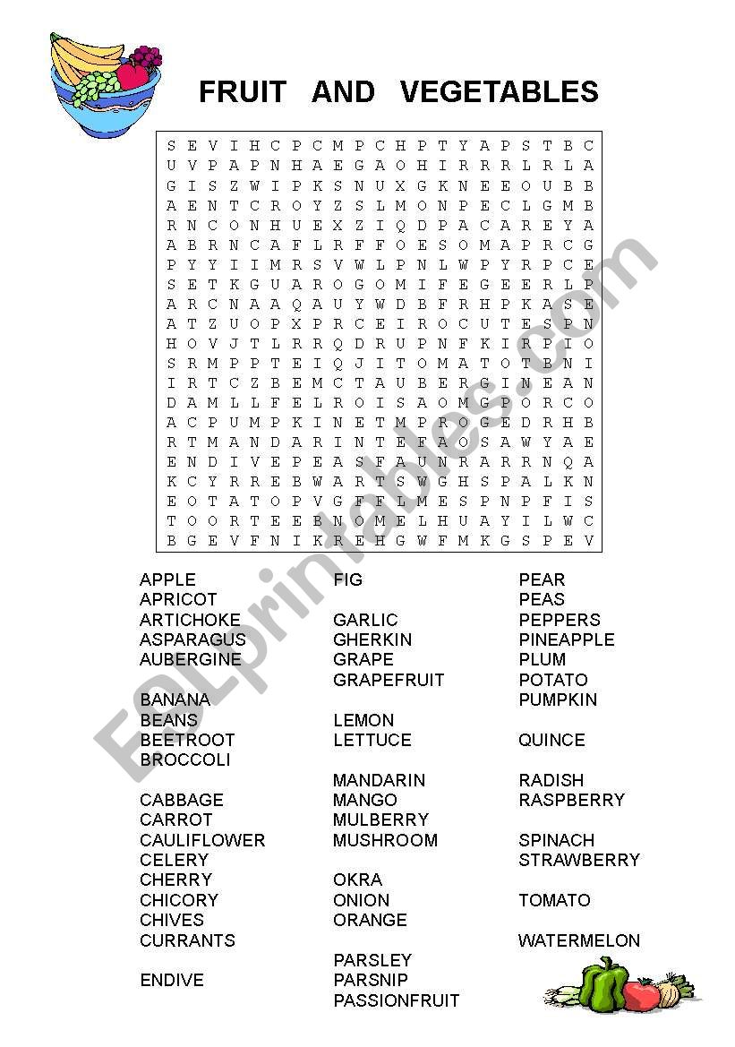 FRUIT AND VEGETABLES WORDSEARCH