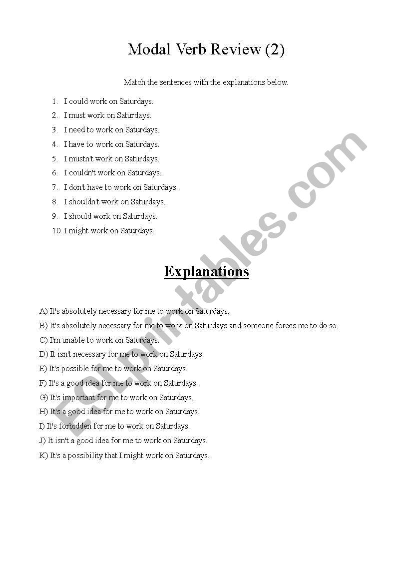 Modal Verb Review worksheet