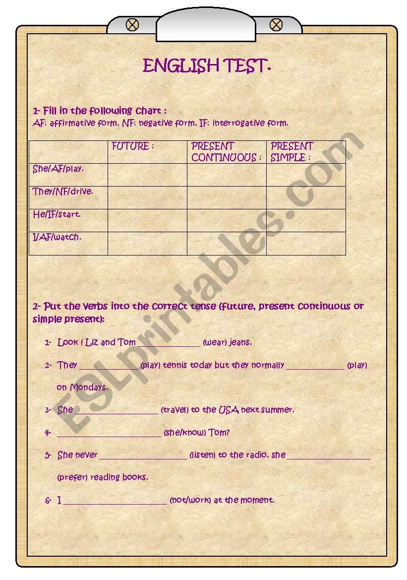 English test: future, simple present, present continuous.