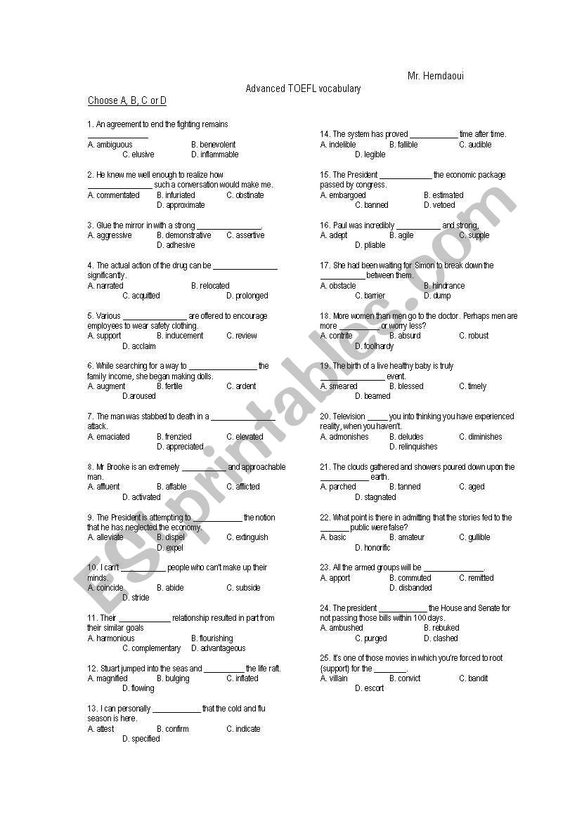 advanced TOEFL  vocabulary worksheet