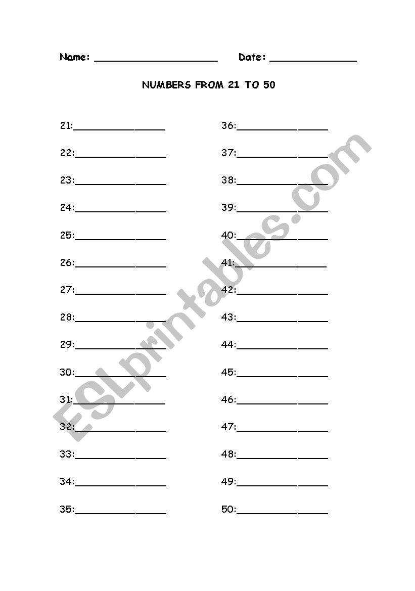 number 21-50 worksheet