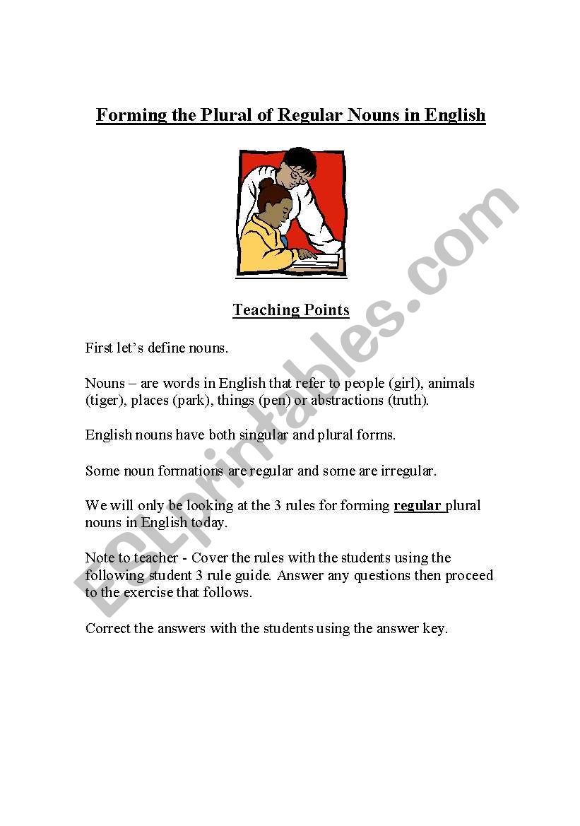 Forming Plurals of English Regular Nouns - Lesson, Student Guide, Exercise and Answer Key
