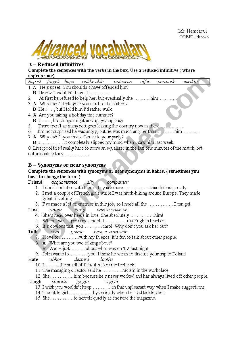 reduced infinitive worksheet