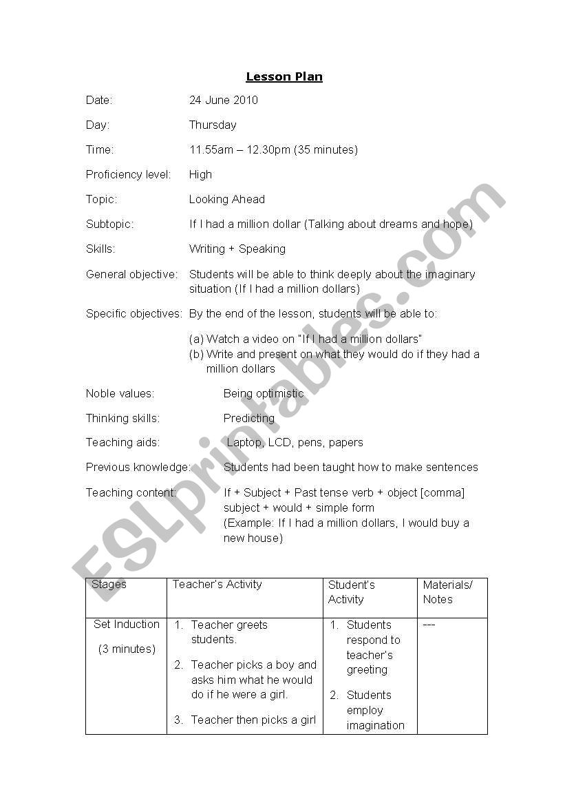 Lesson Plan - looking ahead worksheet