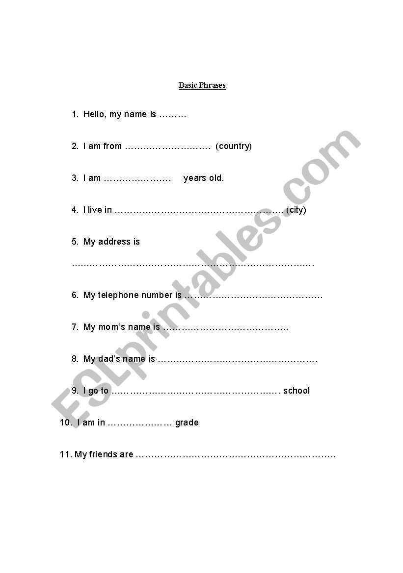 Bacis Phrases for Newcomers worksheet