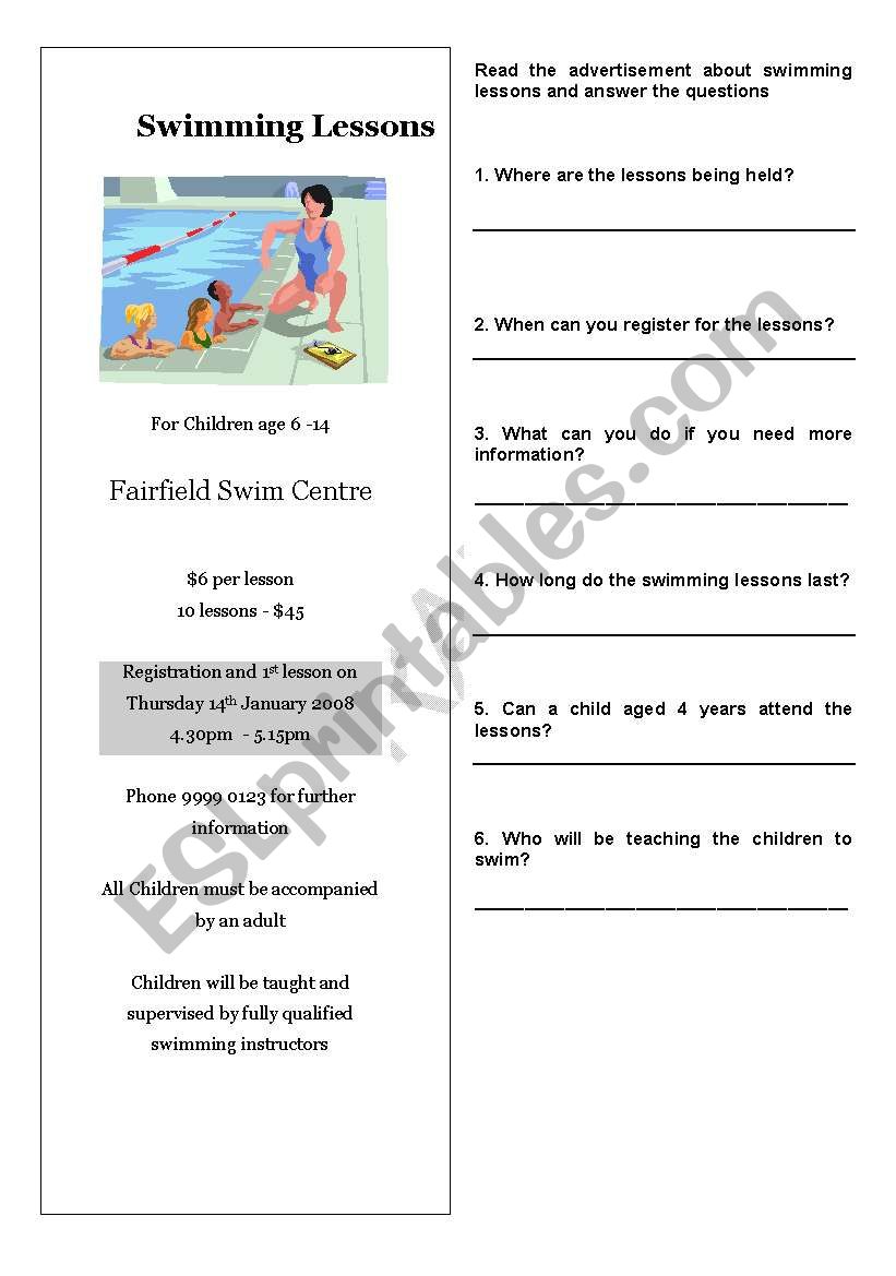 Swimming Lesson worksheet