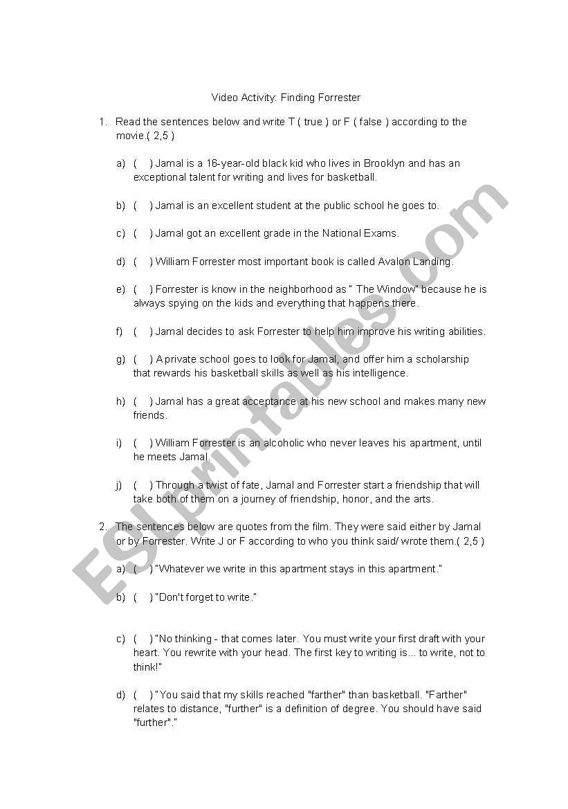 Activity on the film Finding Forrester