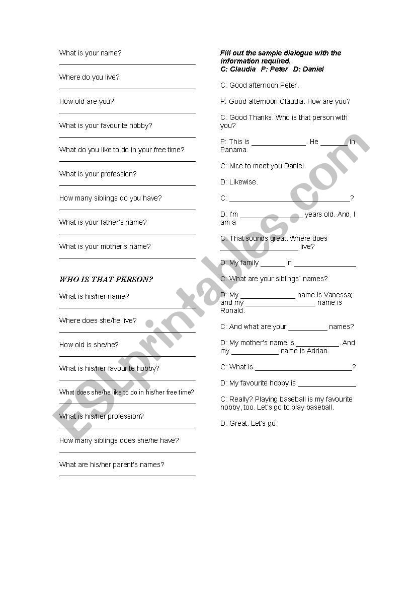 Personal Information worksheet