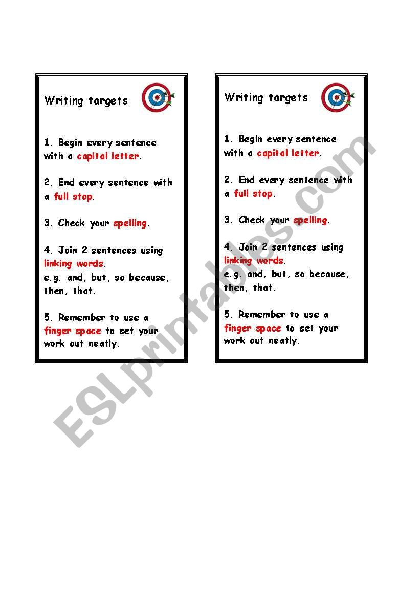 Writing Targets worksheet