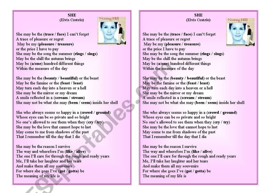 SONG BY  ELVIS COSTELO: SHE worksheet
