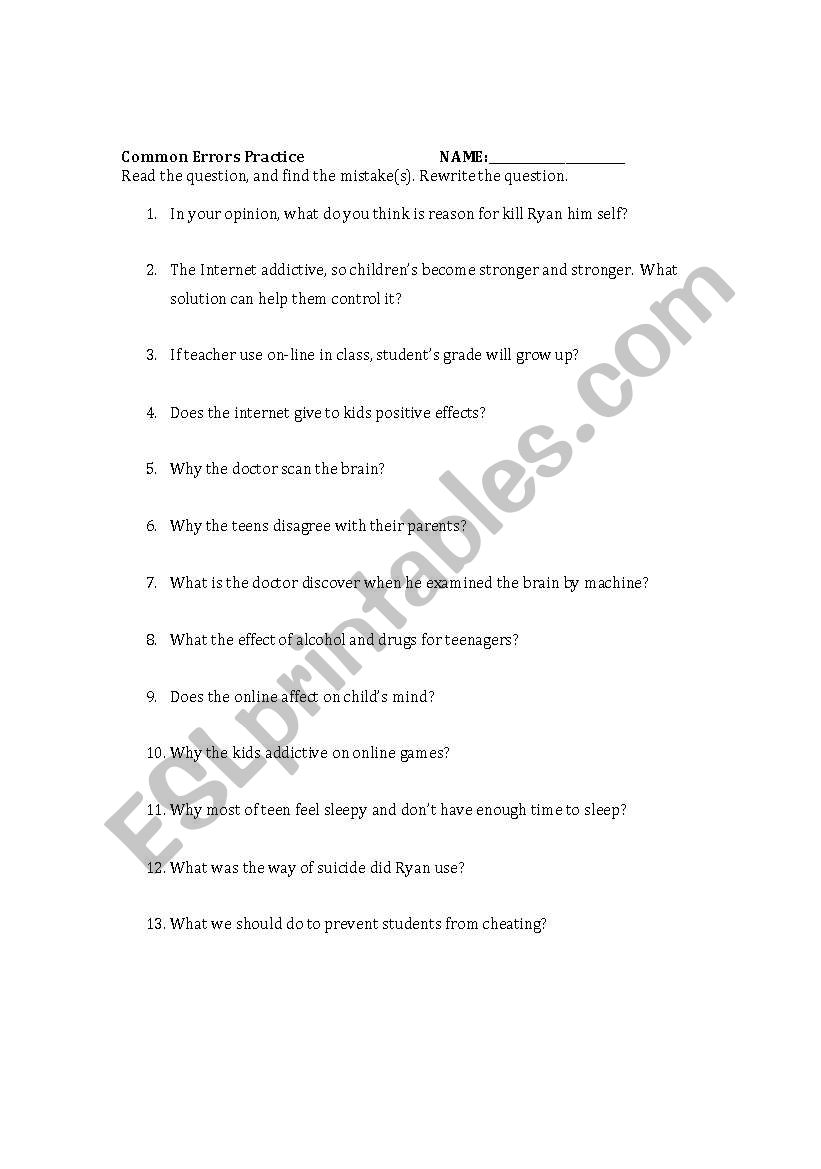 Common Sentence Errors ESL Worksheet By Jkrebster