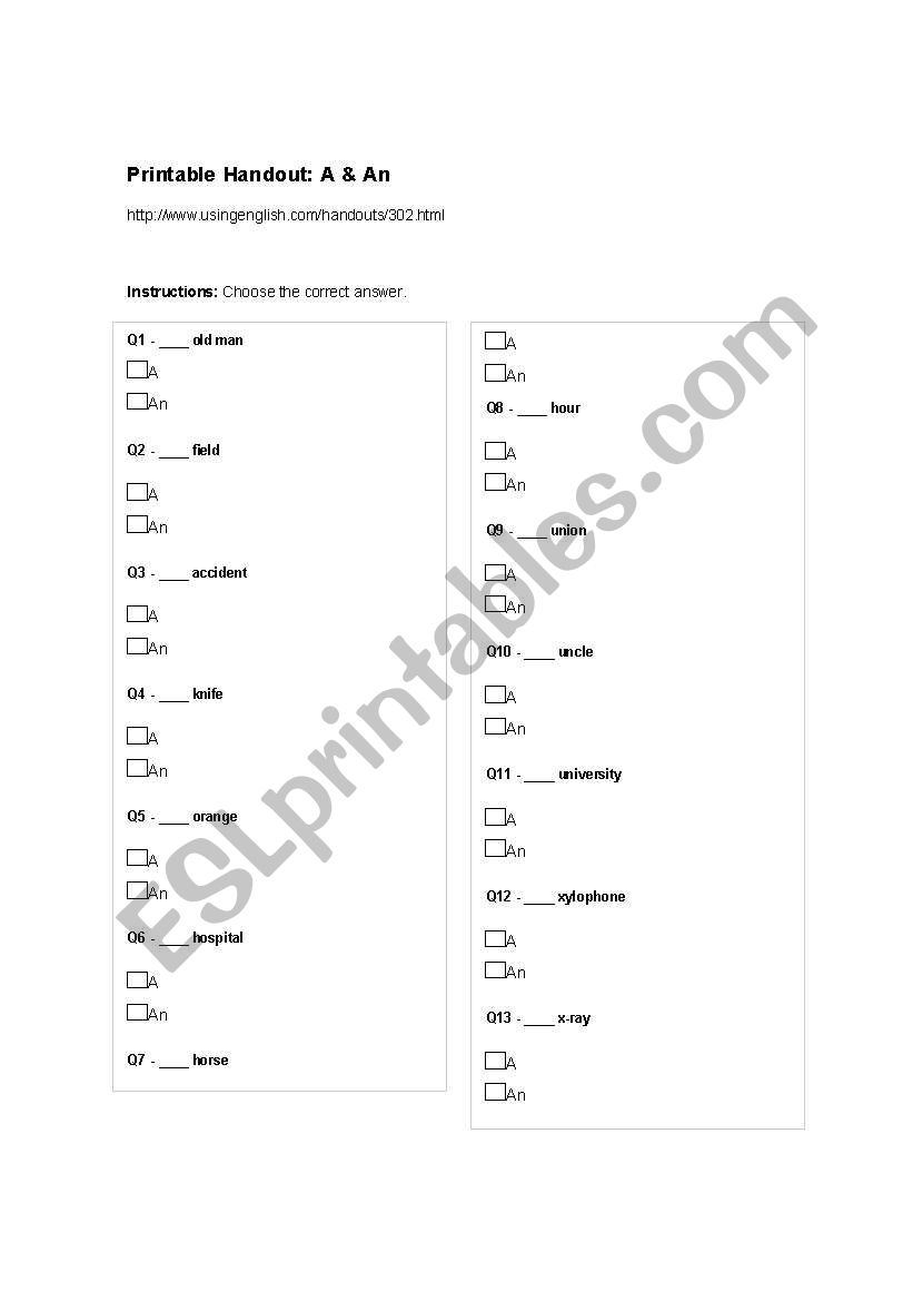 Indefinite Articles A/AN worksheet