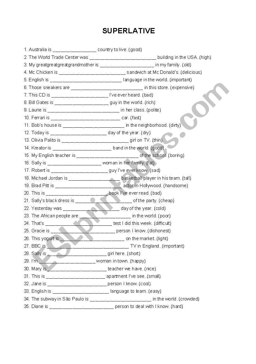 Comparative and Superlative worksheet