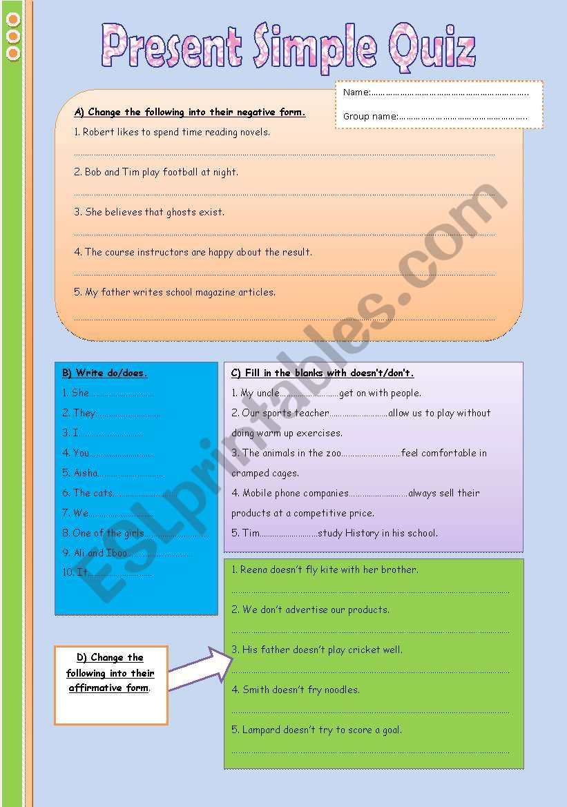 Present Simple Quiz worksheet