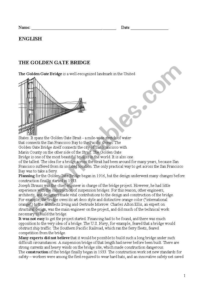 The Golden Gate Bridge worksheet