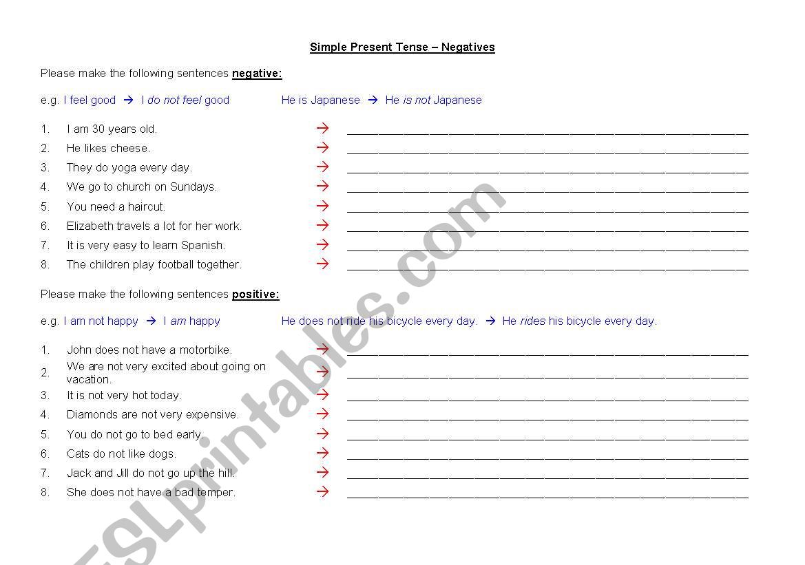 Simple Present Tense - Negatives Excercise