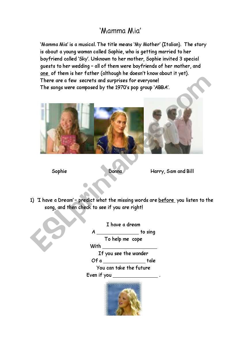 Mamma Mia worksheet