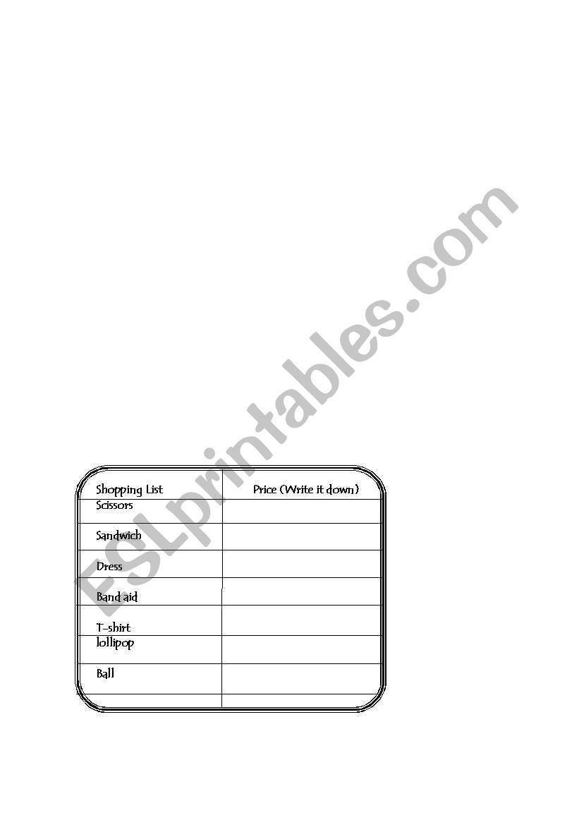 shopping lists worksheet