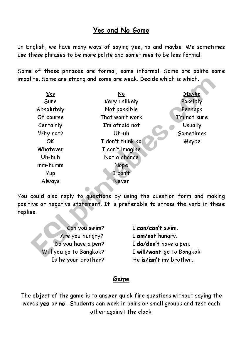 Yes and no game worksheet