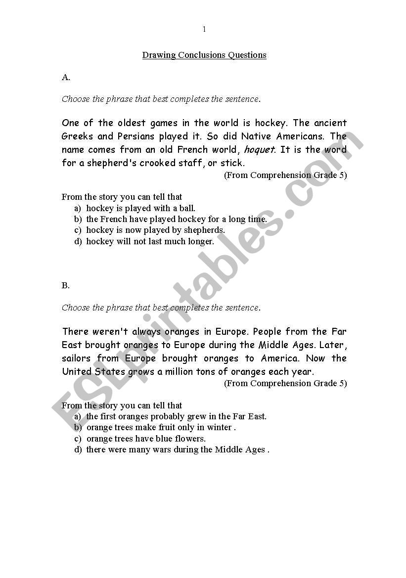 English worksheets Drawing Conclusions Questions