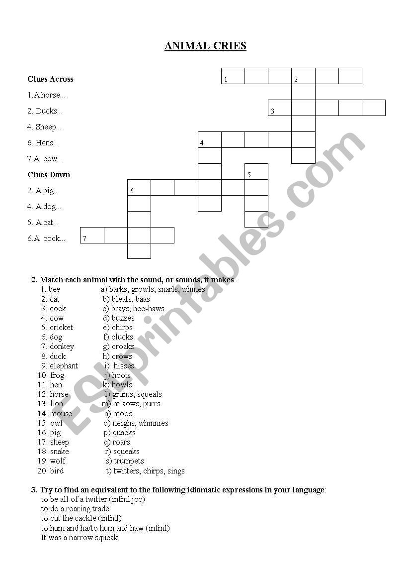 Animal Cries Crossword  worksheet