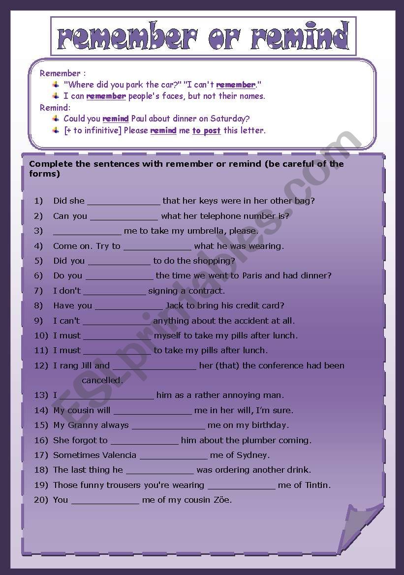 REMEMBER or REMIND worksheet