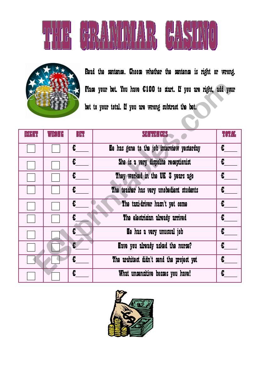 THE GRAMMAR CASINO worksheet