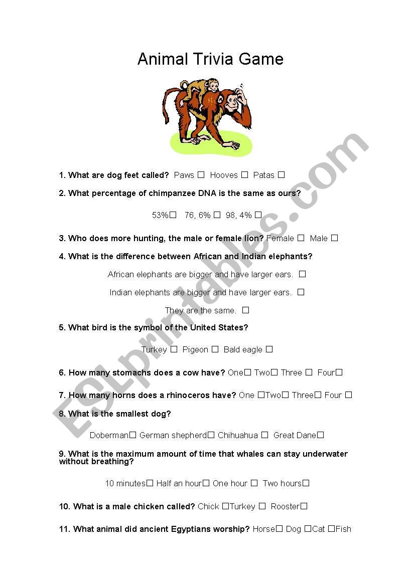 Animal trivia game worksheet