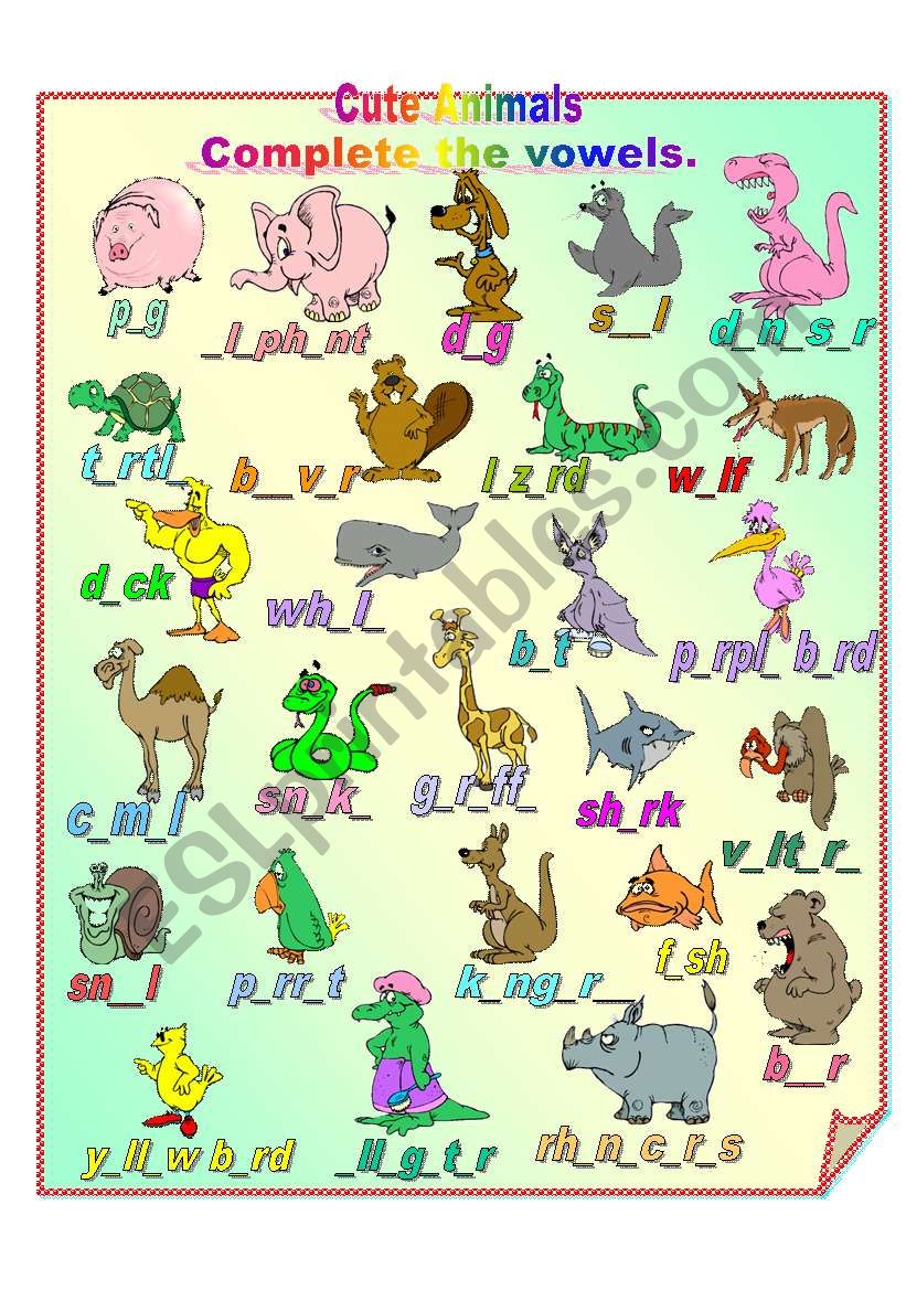 Cute Animals 1- completing the vowels**fully editable with answer key